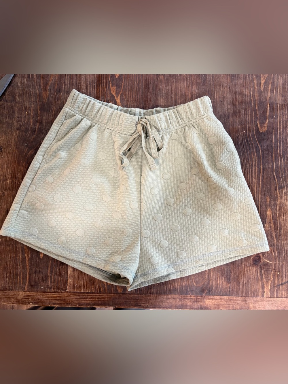 Blu Pepper Sage Green Polka Dot Drawstring Athletic Shorts
